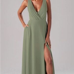 Green Plunge Neck Gown with Slit for Wedding Guest